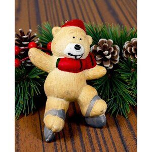 Brown Bear Ice Skating Christmas Ornament Hand Painted Ceramic Funny